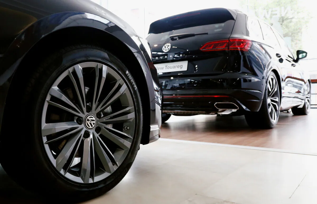 A Volkswagen Touareg is seen in a showroom of a Volkswagen car dealer in Brussels on July 9, 2020. (Francois Lenoir/Reuters)