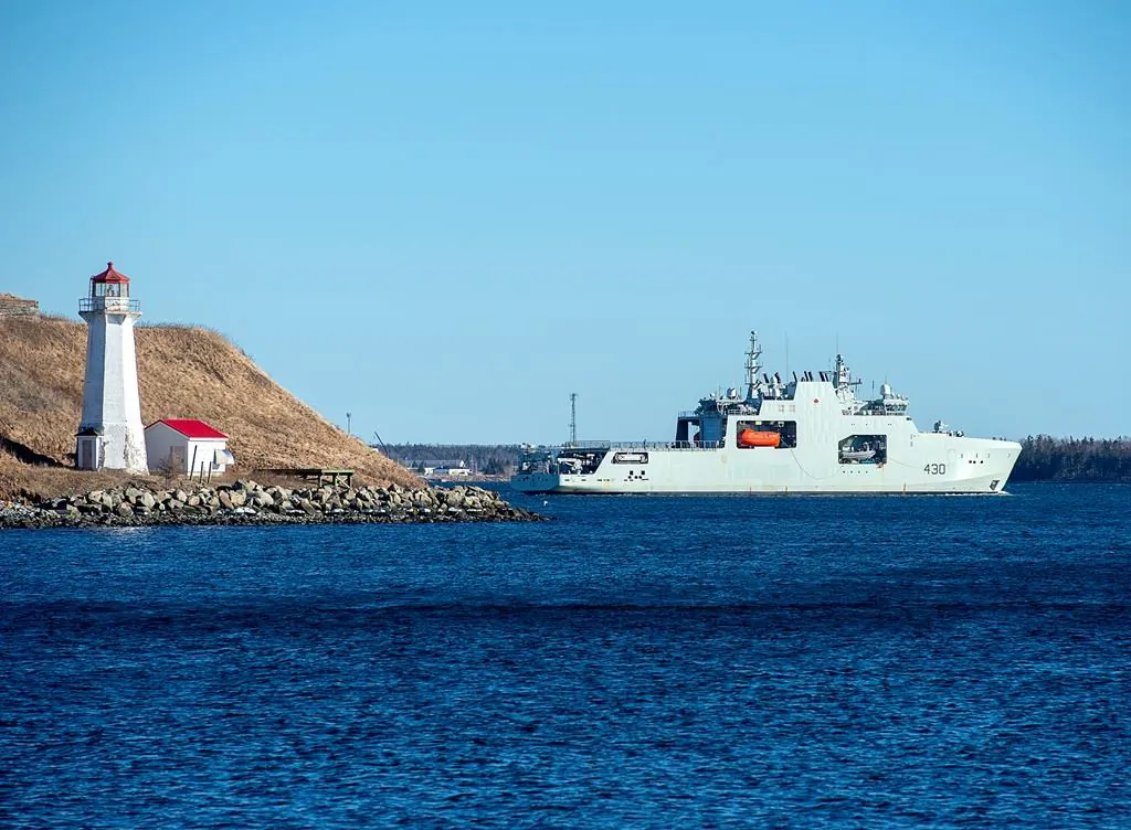 The future HMCS Harry DeWolf, the navy's first Arctic and offshore patrol ship, built at the Irving-owned Halifax Shipyard, heads from the harbour in Halifax for sea trials on Jan. 31, 2020. (Andrew Vaughan/The Canadian Press)