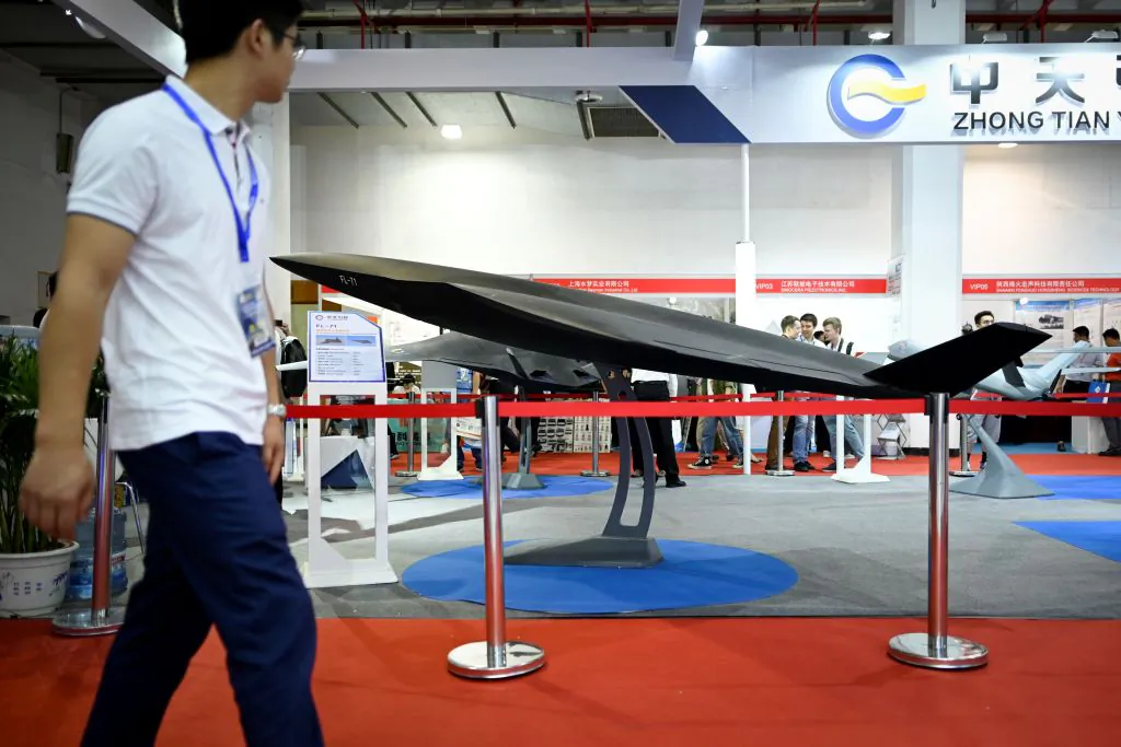A model of an FL-71 drone is seen on display at the Chinese Defense Information Equipment and Technology exhibition in Beijing on June 18, 2019. (Wang Zhao/AFP via Getty Images)