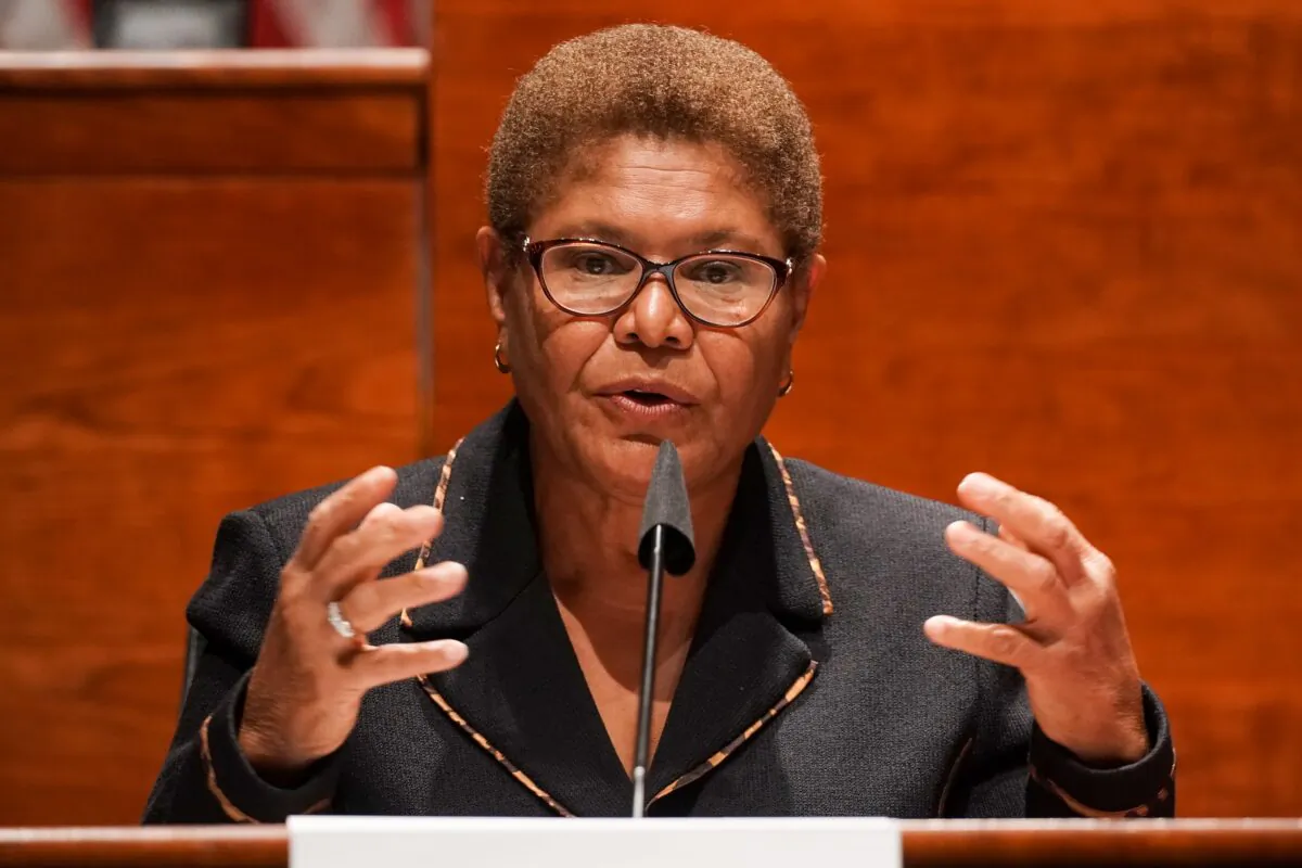 Rep. Karen Bass (D-Calif.) gives an opening statement during a markup on H.R. 7120, the "Justice in Policing Act of 2020," on Capitol Hill in Washington on June 17, 2020. (Greg Nash/Pool/AFP via Getty Images)