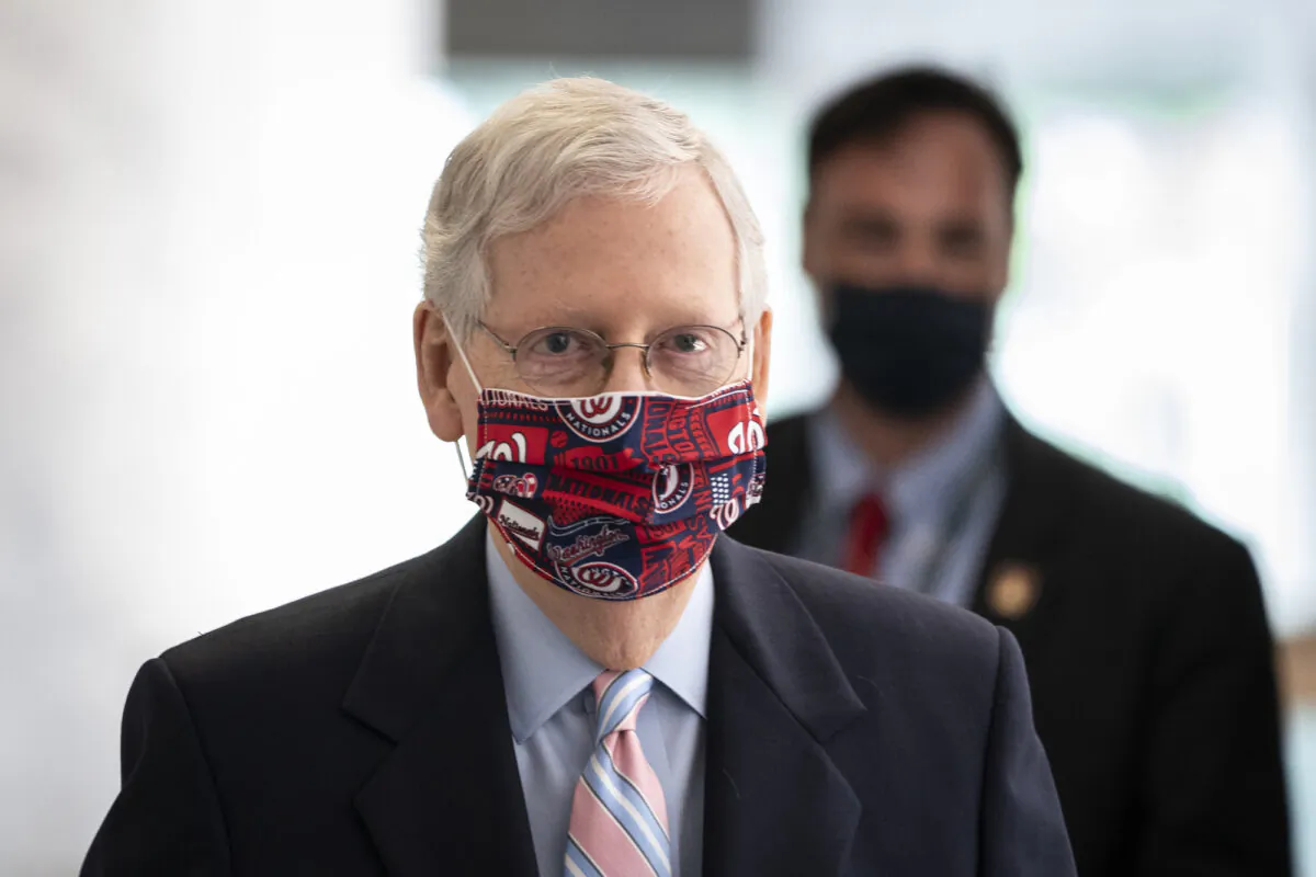 Senate Majority Leader Mitch McConnell (R-Ky.) arrives at a Senate Republican policy meeting in Washington, on July 28, 2020. (Drew Angerer/Getty Images)
