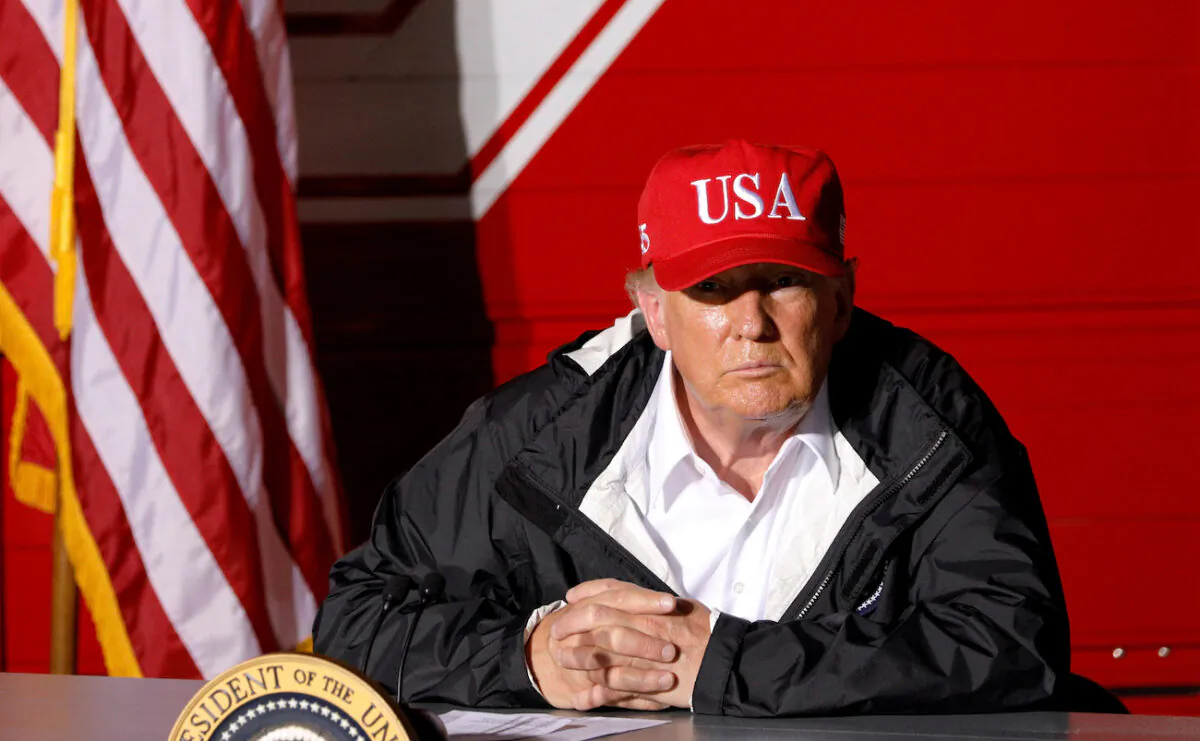 President Donald Trump speaks during a briefing at Lake Charles Fire House as he visits nearby areas damaged by Hurricane Laura in Lake Charles, La., on Aug. 29, 2020. (Tom Brenner/Reuters)