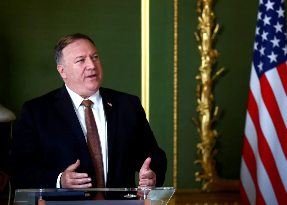 U.S. Secretary of State Mike Pompeo speaks during a joint press conference with Britain's Foreign Secretary Dominic Raab at Lancaster House in London, England, on July 21, 2020. (Hannah McKay-WPA Pool/Getty Images)