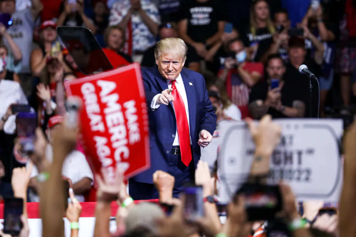 President Donald Trump at a campaign rally in the BOK Center in Tulsa, Okla., on June 19, 2020. (Charlotte Cuthbertson/The Epoch Times)