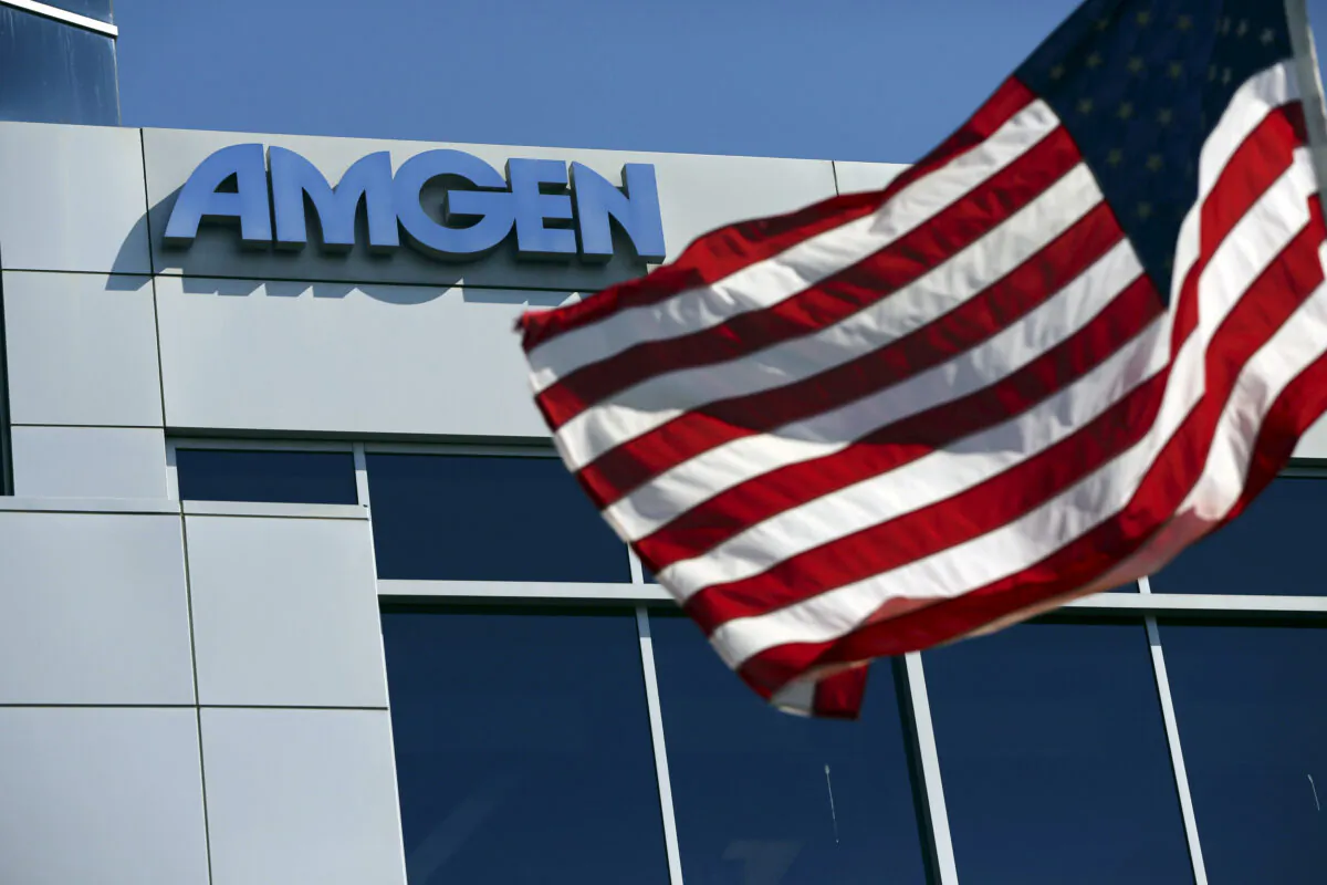 An Amgen sign is seen at the company's office in South San Francisco on Oct. 21, 2013. (Robert Galbraith/Reuters)
