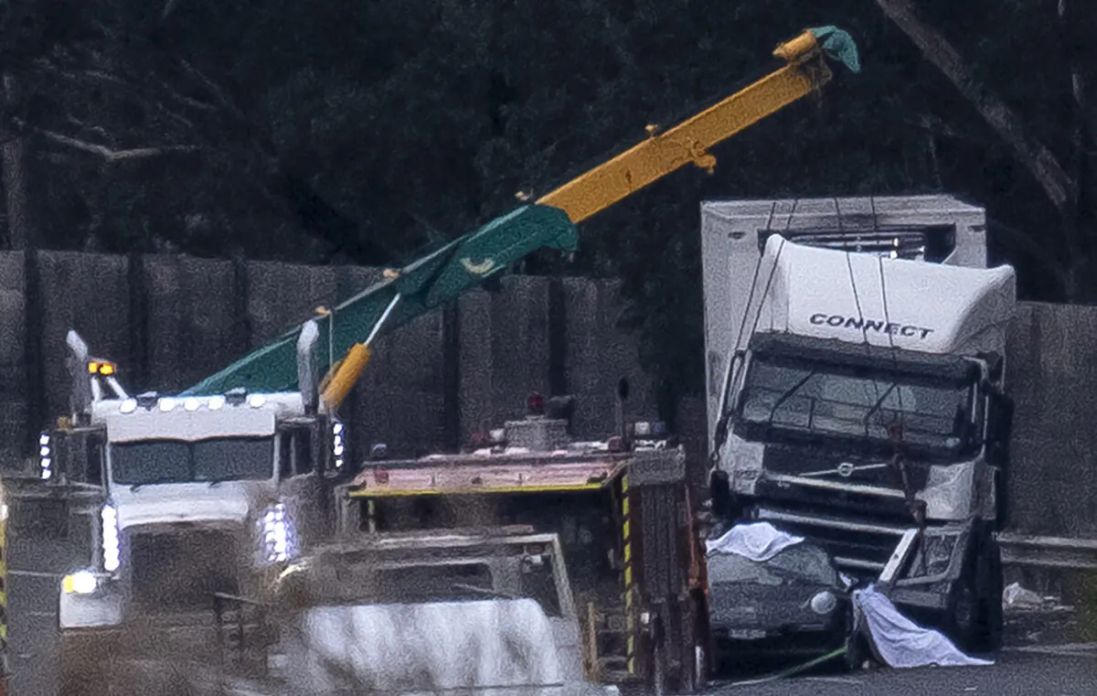 Police and emergency services continue to work at the crash site, which saw four police officers killed, along the Eastern Freeway in Melbourne, Australia on April 23, 2020. (Luis Ascui/Getty Images)