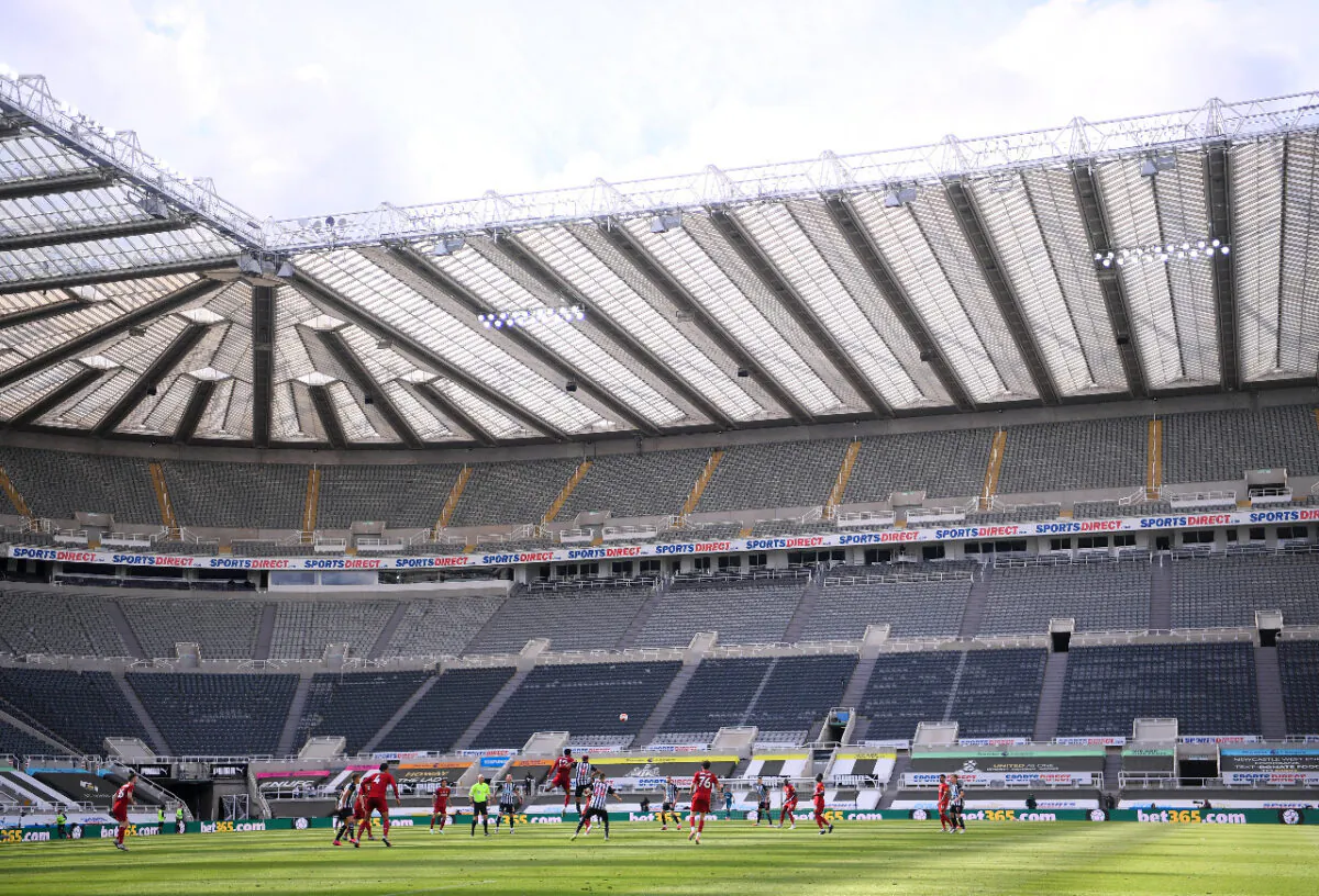 A Premier League match played to an empty stadium during the CCP virus pandemic between Newcastle United and Liverpool FC at St. James Park in Newcastle upon Tyne, England, on July 26, 2020. (Laurence Griffiths/Getty Images)