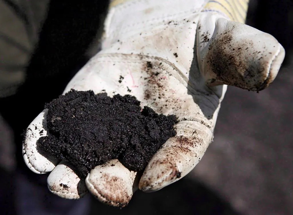 An oil worker holds raw sand bitumen near Fort McMurray, Alta., on July 9, 2008. (The Canadian Press/Jeff McIntosh)