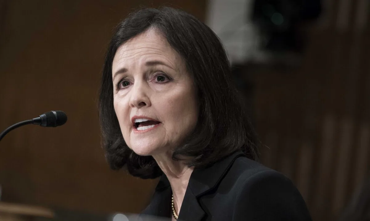 Judy Shelton testifies before the Senate Banking, Housing and Urban Affairs Committee during a hearing on their nomination to be member-designate on the Federal Reserve Board of Governors, in Washington, on Feb. 13, 2020. (Sarah Silbiger/Getty Images)