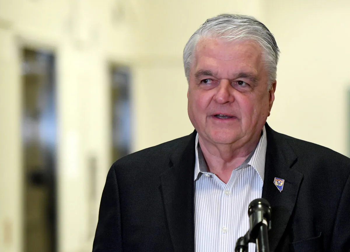 Nevada Gov. Steve Sisolak speaks during a news conference on the state's response to the CCP virus outbreak at the Grant Sawyer State Office Building in Las Vegas, Nevada, on March 17, 2020. (Ethan Miller/Getty Images)