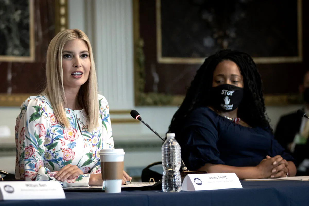 Advisor and daughter of the president Ivanka Trump speaks during an event to highlight the Department of Justice grants to combat human trafficking, in the Indian Treaty Room of the Eisenhower Executive Office Building in Washington, on Aug. 4, 2020. (Drew Angerer/Getty Images)