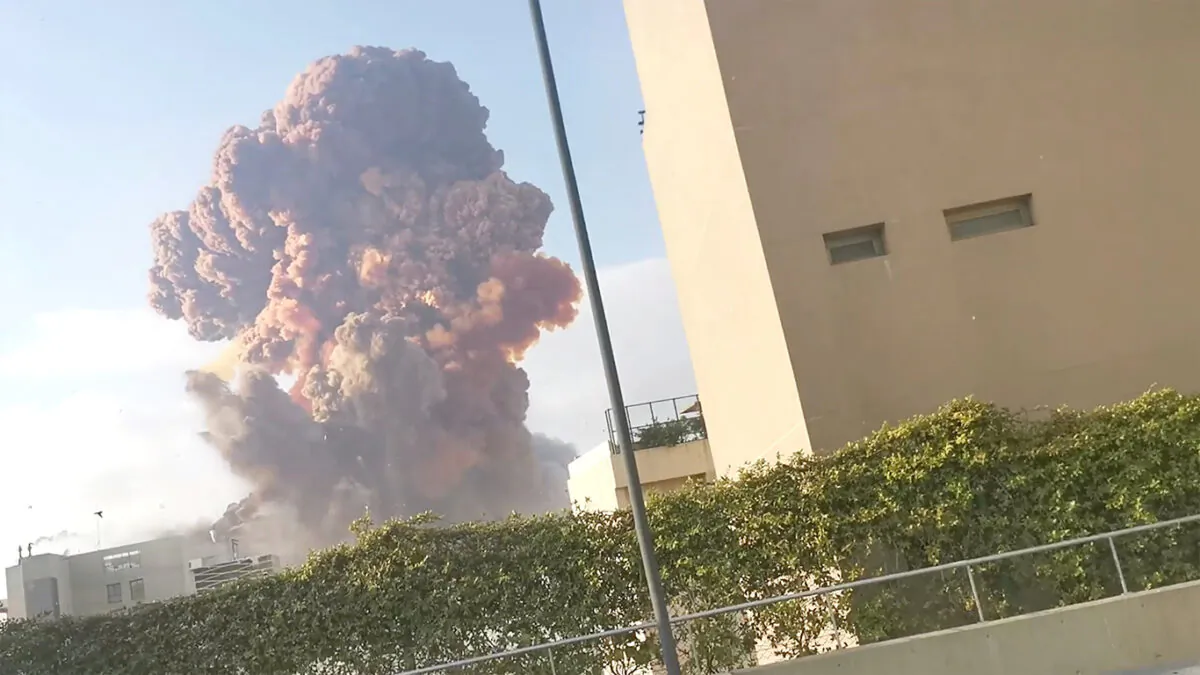 Smoke rises after an explosion in Beirut, Lebanon, on Aug. 4, 2020. (Karim Sokhn/Instagram/Ksokhn + Thebikekitchenbeirut/via Reuters)
