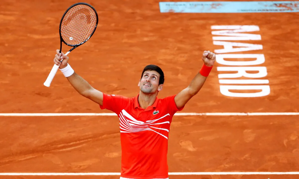Serbia's Novak Djokovic celebrates winning the final against Greece's Stefanos Tsitsipas, in Madrid, Spain, on May 12, 2019. (Javier Barbancho/Reuters)