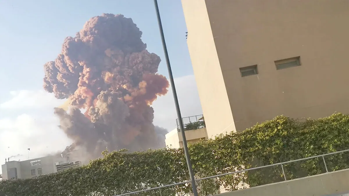 In this picture obtained from a social media video, smoke rises after an explosion in Beirut, Lebanon, on Aug. 4, 2020. (Karim Sokhn/Instagram/Ksokhn + Thebikekitchenbeirut/via Reuters)