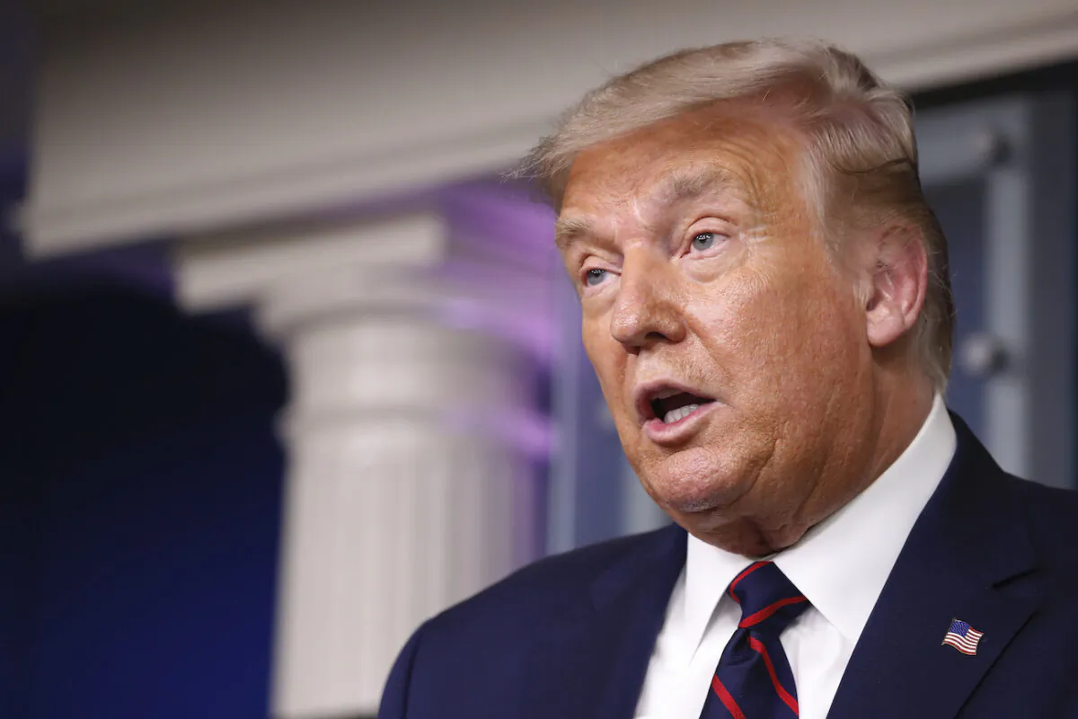 President Donald Trump speaks during a briefing with reporters in the James Brady Press Briefing Room of the White House in Washington, on Aug. 4, 2020. (Alex Brandon/AP Photo)