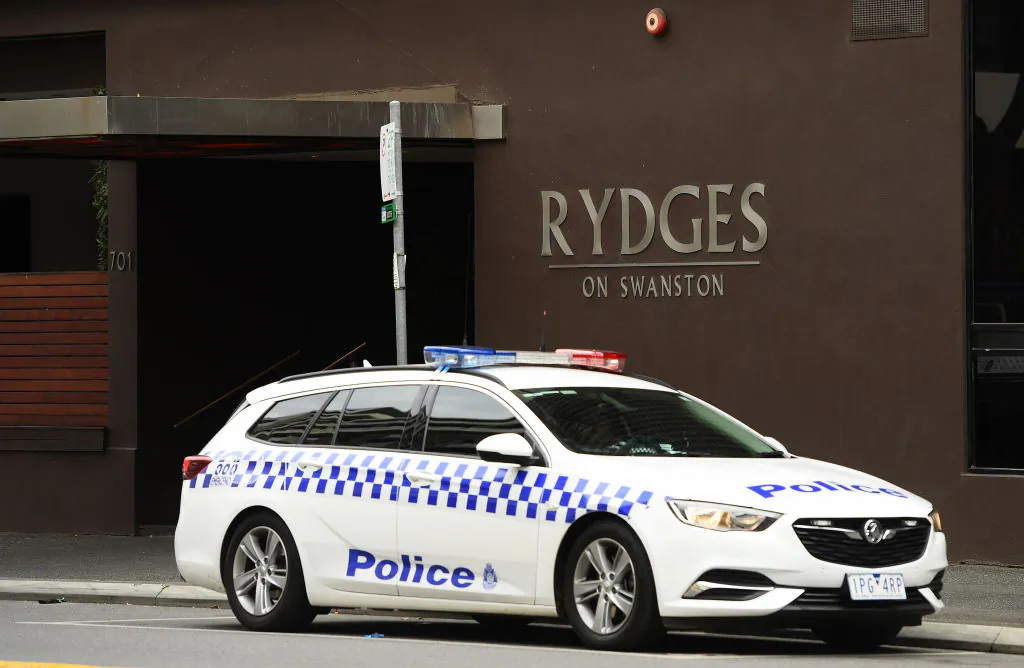 A police car sits outside the Rydges on Swanston hotel on July 14, 2020 in Melbourne, Australia. (Quinn Rooney/Getty Images)
