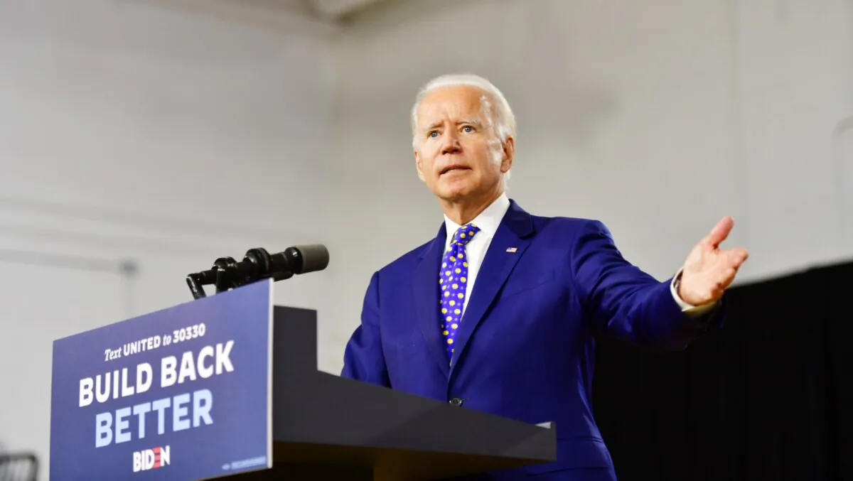 Presumptive Democratic presidential nominee former Vice President Joe Biden delivers a speech at the William Hicks Anderson Community Center, in Wilmington, Del., on July 28, 2020. (Mark Makela/Getty Images)