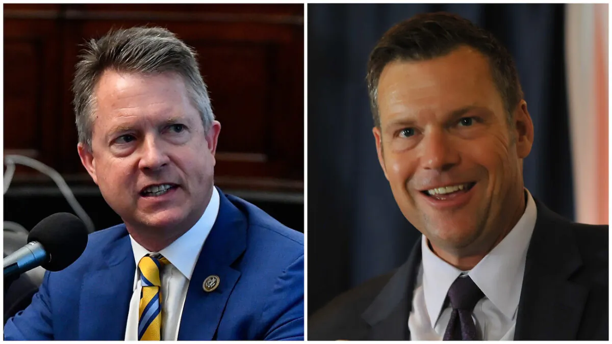 (L) Congressman Roger Marshall (R-Kan.) appears on Urban View's Helping Our Heroes Special on Capitol Hill in Washington on May 16, 2018. (Larry French/Getty Images for SiriusXM). (R) Kris Kobach speaks to supporters in Topeka, Kan., on Aug. 7, 2018 (Steve Pope/Getty Images)