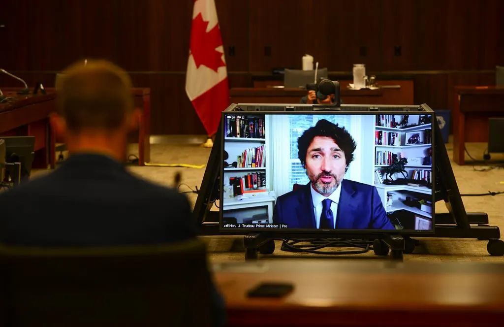 Prime Minister Justin Trudeau appears as a witness via videoconference during a House of Commons finance committee in the Wellington Building on  July 30, 2020. The committee is looking into Government Spending, WE Charity and the Canada Student Service Grant. (Sean Kilpatrick/The Canadian Press)