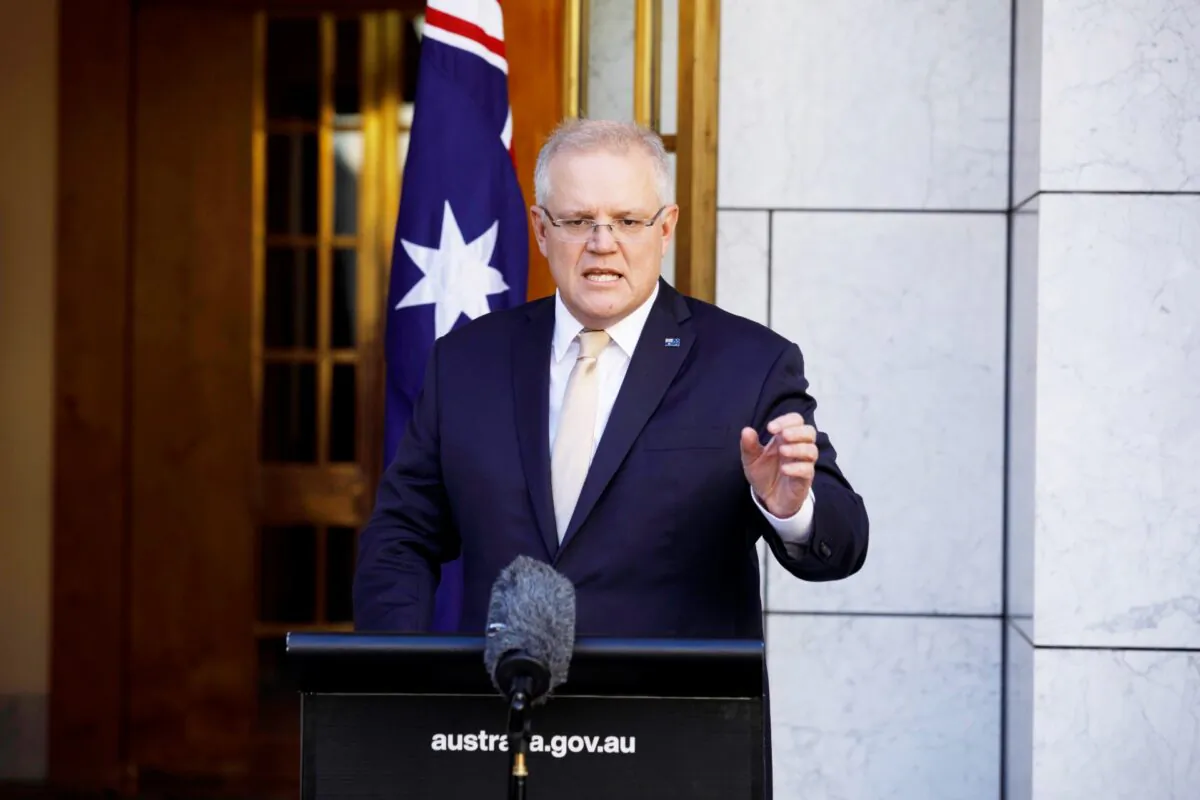 Australian Prime Minister Scott Morrison speaks to the media at Parliament House in Canberra, Australia, on July 30, 2020. (Sean Davey/Getty Images) 