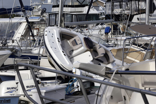 Boats are piled on each other