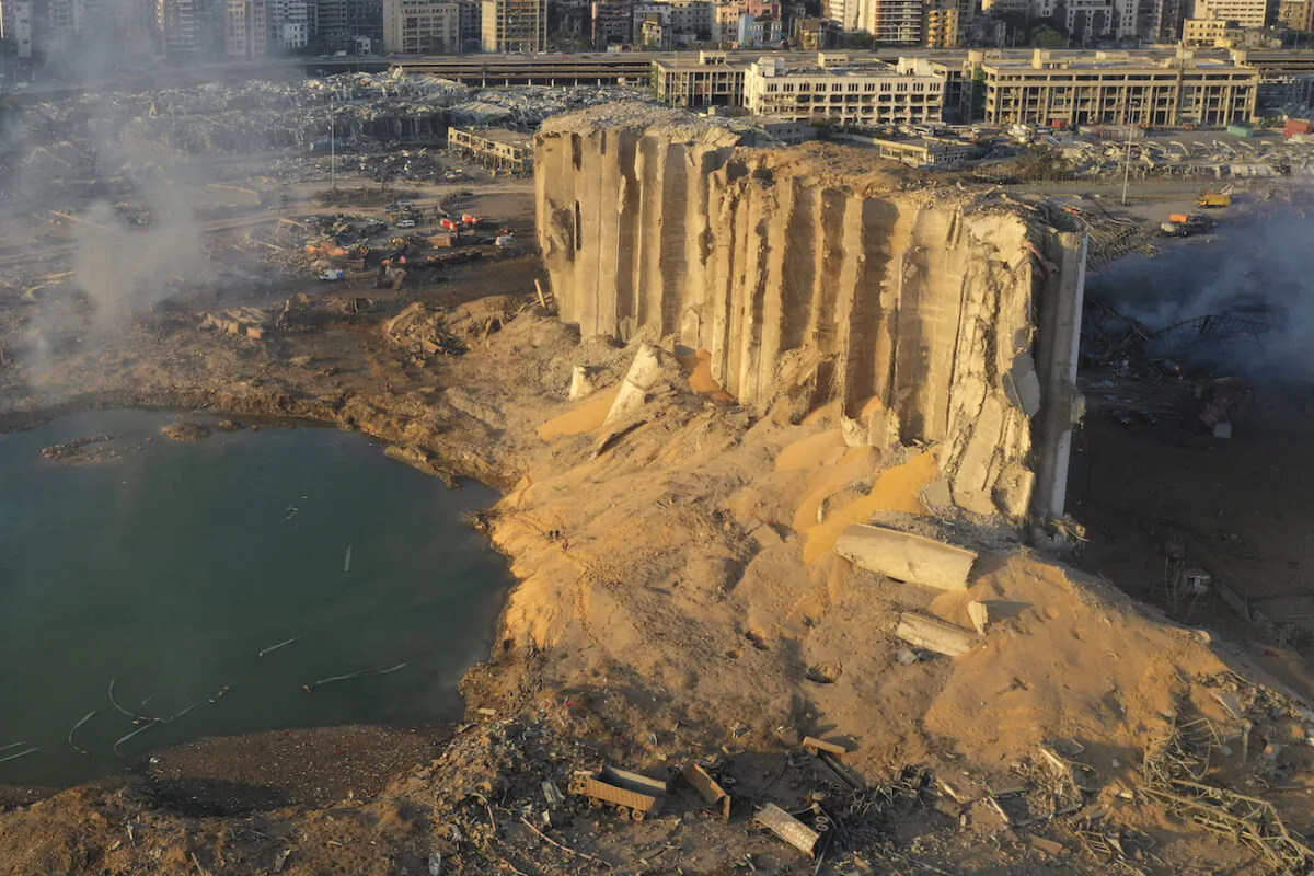 The destroyed silo sits in rubble and debris after an explosion at the seaport of Beirut, Lebanon, on Aug. 5, 2020. (Hussein Malla/AP Photo)