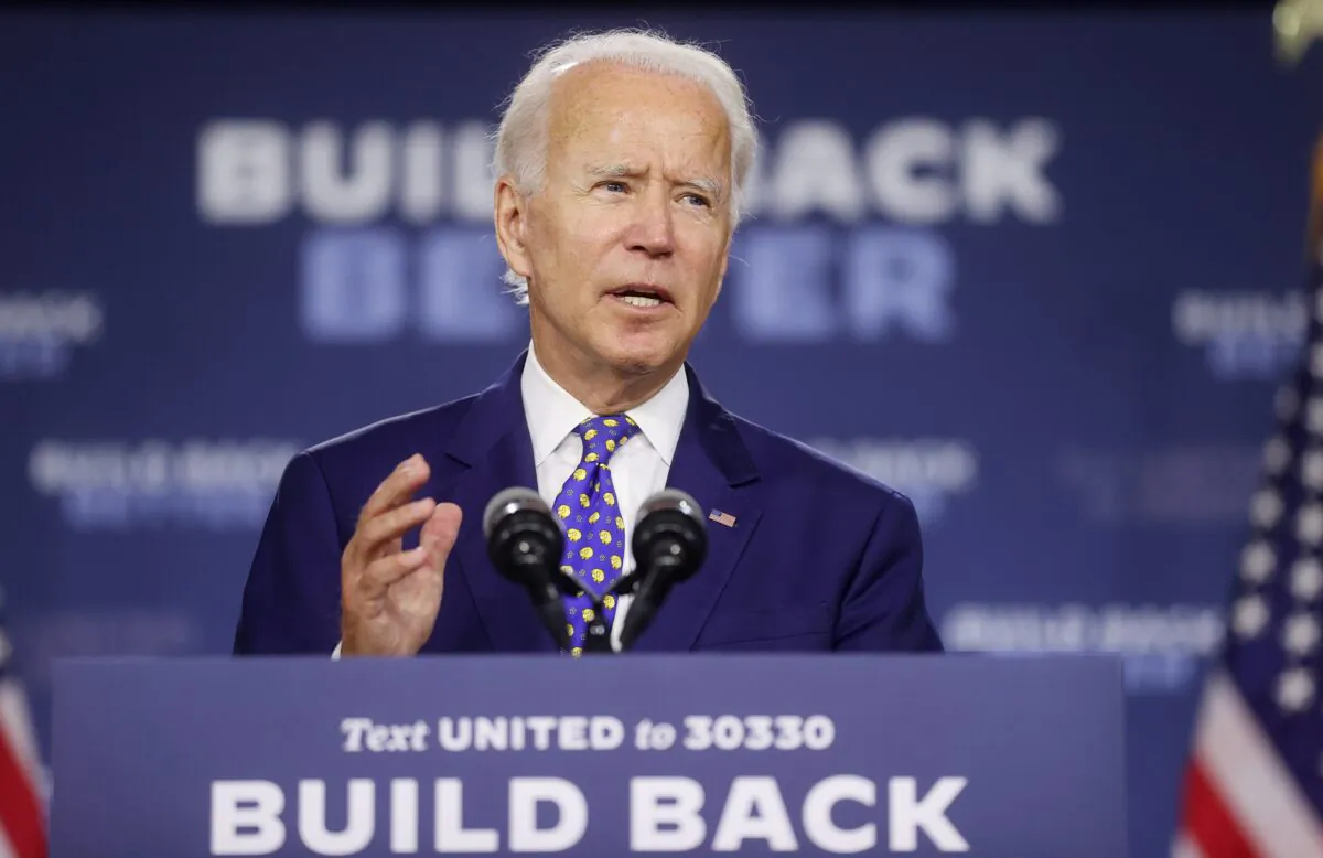 Then Democratic presidential candidate and former Vice President Joe Biden speaks about his plans to combat racial inequality at a campaign event in Wilmington, Del., on July 28, 2020. (Jonathan Ernst/Reuters)