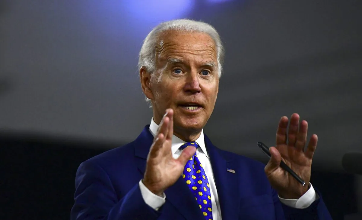 Presumptive Democratic presidential nominee former Vice President Joe Biden delivers a speech in Wilmington, Del., on July 28, 2020. (Mark Makela/Getty Images)