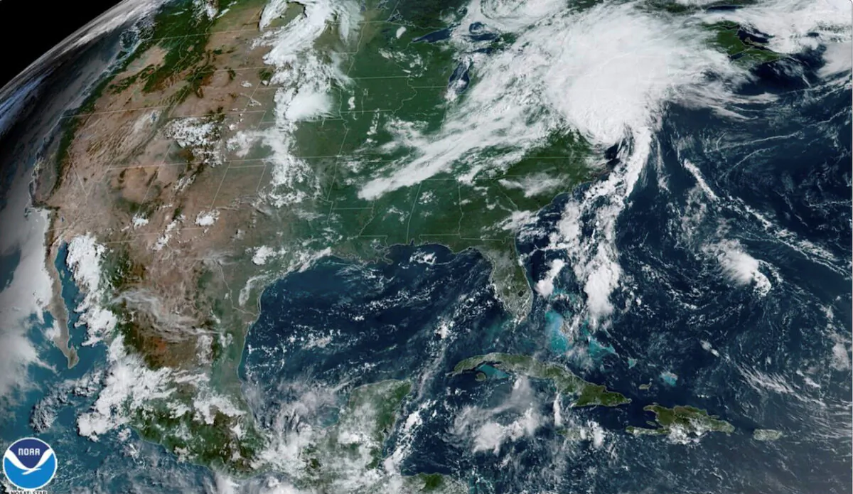 A satellite image shows Tropical Storm Isaias as it progresses over the northeast United States on Aug. 4, 2020. (NOAA/Handout via Reuters)
