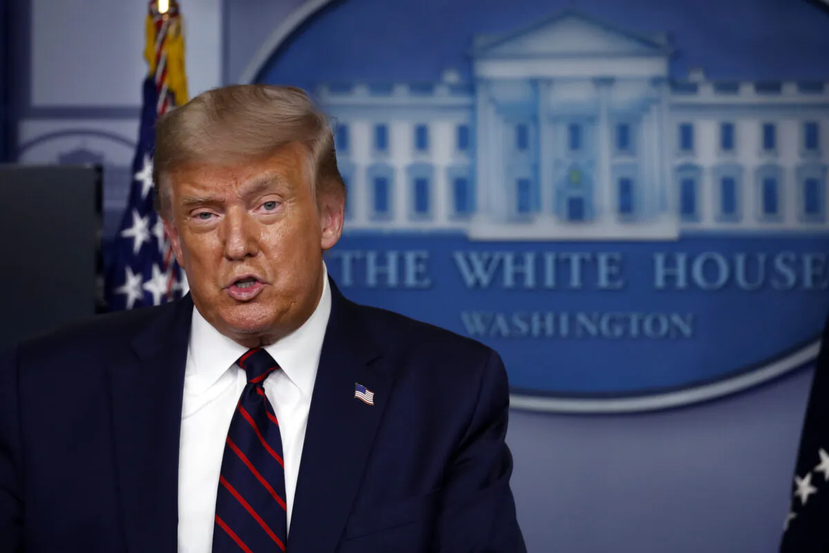 President Donald Trump speaks during a briefing with reporters in the James Brady Press Briefing Room of the White House in Washington on Aug. 4, 2020. (Alex Brandon/AP Photo)