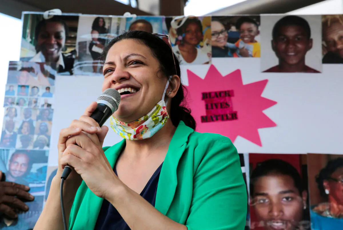 Rep. Rashida Tlaib (D-Mich.) addresses a rally in Detroit, Mich., on June 6, 2020. (Rebecca Cook/Reuters)