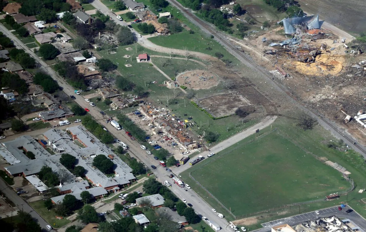 This aerial photo, shows the remains of a nursing home (L) apartment complex (C) and fertilizer plant (R) destroyed by an explosion at a fertilizer plant in West, Texas, on April 18, 2013. (Tony Gutierrez/ File/AP Photo)
