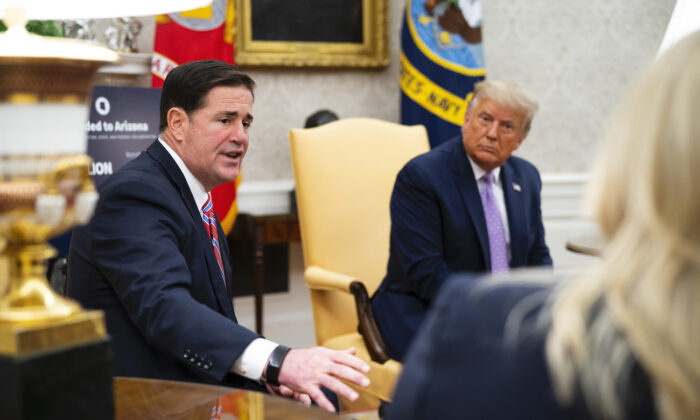 President Donald Trump meets with Arizona's Gov. Doug Ducey in the Oval Office, in Washington, on Aug. 5,  2020. (Doug Mills/The New York Times via Getty Images)