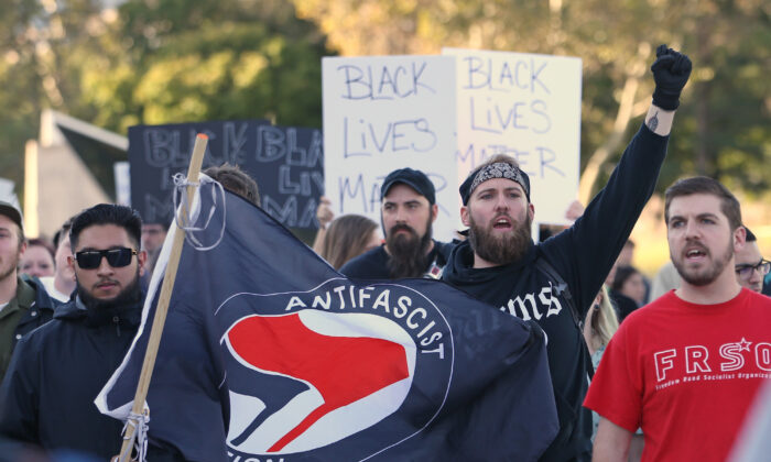 Antifa protesters demonstrate on the University of Utah campus against an event where right wing writer and commentator Ben Shapiro is speaking in Salt Lake City, Utah, on Sept. 27, 2017. (George Frey/Getty Images)