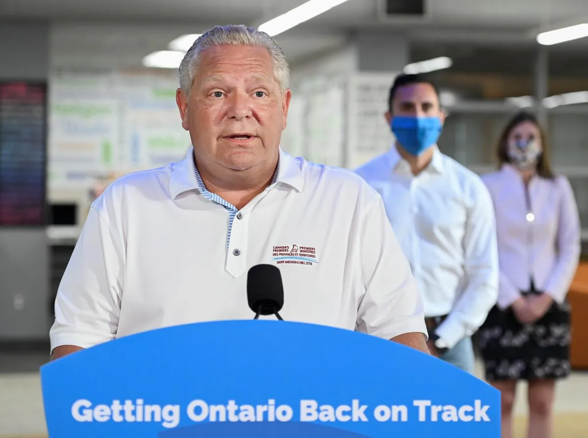Ontario Premier Doug Ford makes an announcement regarding the government’s plan for a safe reopening of schools in the fall at Father Leo J. Austin Catholic Secondary School in Whitby, Ont., on July 30, 2020. (The Canadian Press/Nathan Denette)
