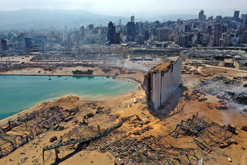 An aerial view shows the massive damage done to Beirut port and surrounding area, one day after a large blast tore through the heart of the Lebanese capital with the force of an earthquake, killing more than 100 and injuring over 4000, on Aug. 5, 2020. (-/AFP via Getty Images)