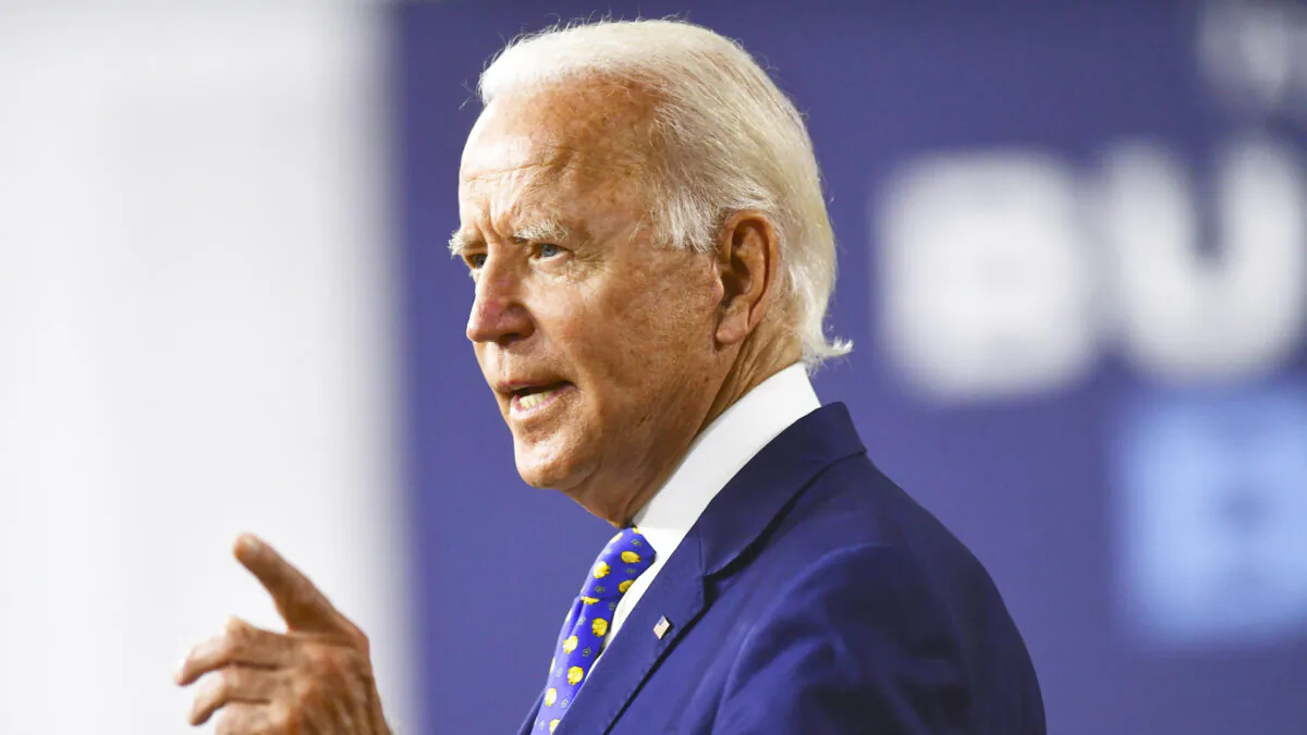 Presumptive Democratic presidential nominee former Vice President Joe Biden delivers a speech at the William Hicks Anderson Community Center in Wilmington, Del., on July 28, 2020. (Mark Makela/Getty Images)