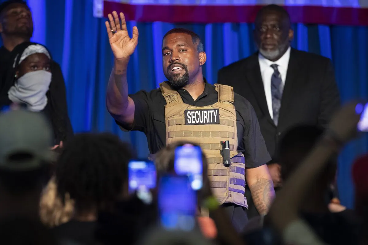 Kanye West makes his first presidential campaign appearance, in North Charleston, S.C., on July 19, 2020. (Lauren Petracca Ipetracca/The Post And Courier via AP)