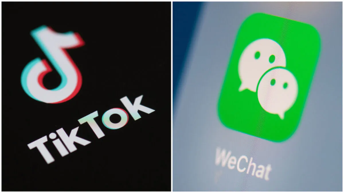 (L) The logo of the social network application TikTok on the screen of a phone. (R) The logo of the Chinese instant messaging application WeChat on the screen of a tablet. (Martin Bureau/AFP via Getty Images)
