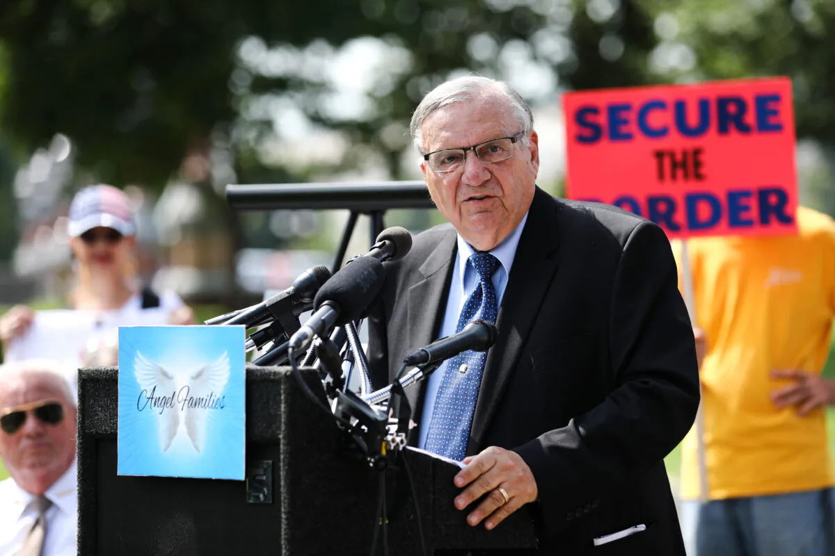 Former Sheriff Joe Arpaio speaks at an Angel Families discussion on the negative impact of illegal alien crime in America in front of the Capitol in Washington, on Sept. 7, 2018. (Samira Bouaou/The Epoch Times)