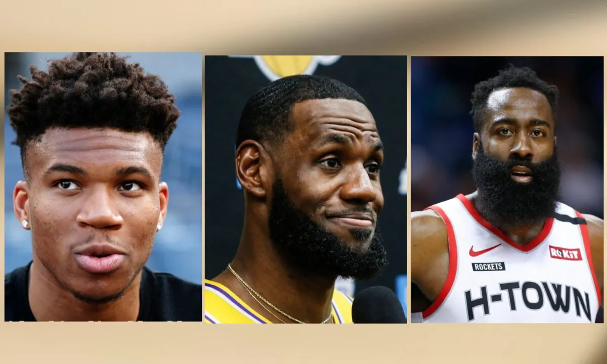 This season’s NBA MVPs, from left to right, Giannis Antetokounmpo of the Milwaukee Bucks, LeBron James of the Los Angeles Lakers and James Harden of the Houston Rockets. (AP File Photos)