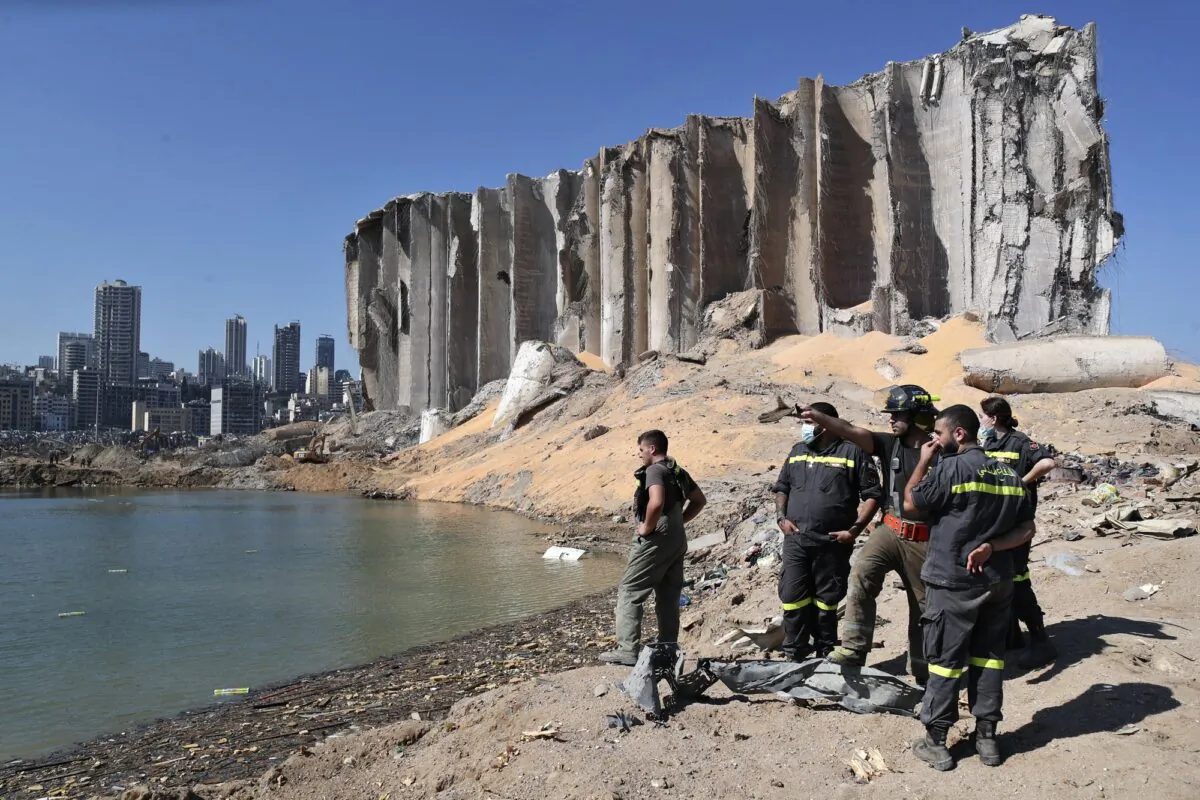 A rescue team surveys the site of this week's massive explosion in the port of Beirut, Lebanon on Aug. 7, 2020. (Thibault Camus/AP Photo)