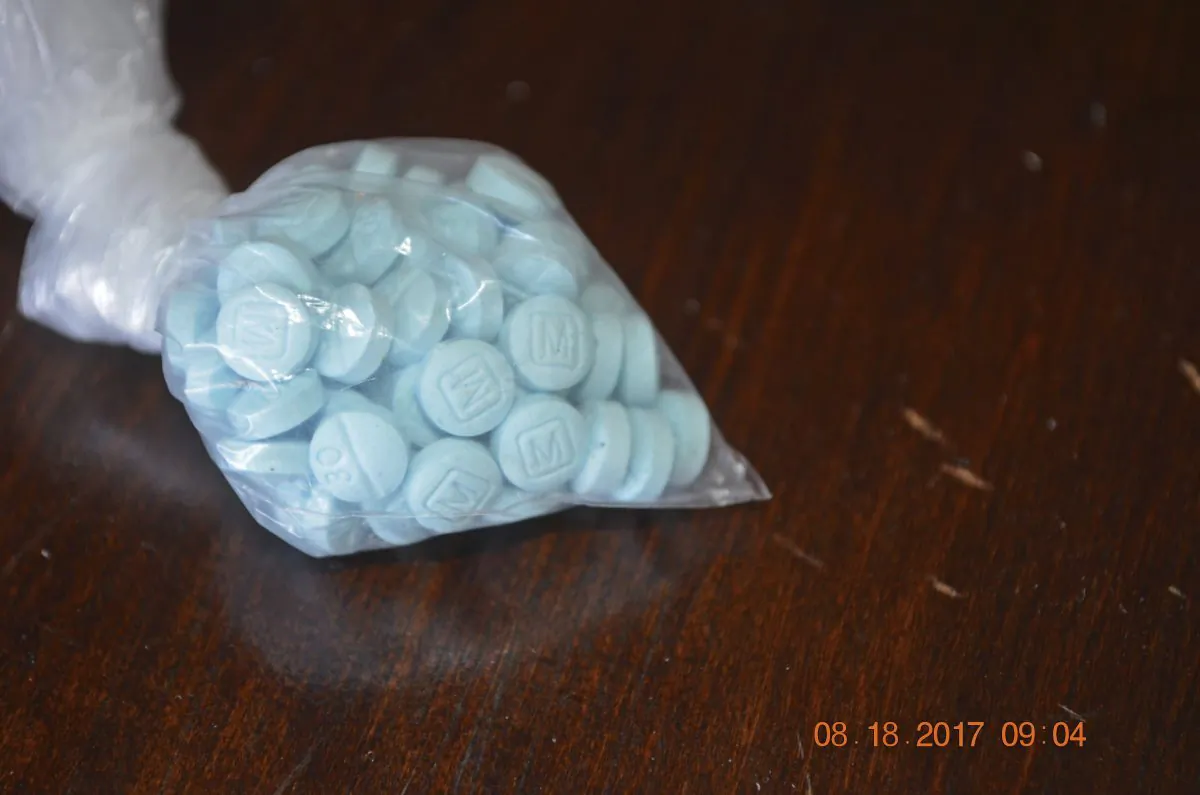 Fentanyl-laced sky blue pills known on the street as "Mexican oxy" in a file photo. (Drug Enforcement Administration via AP)