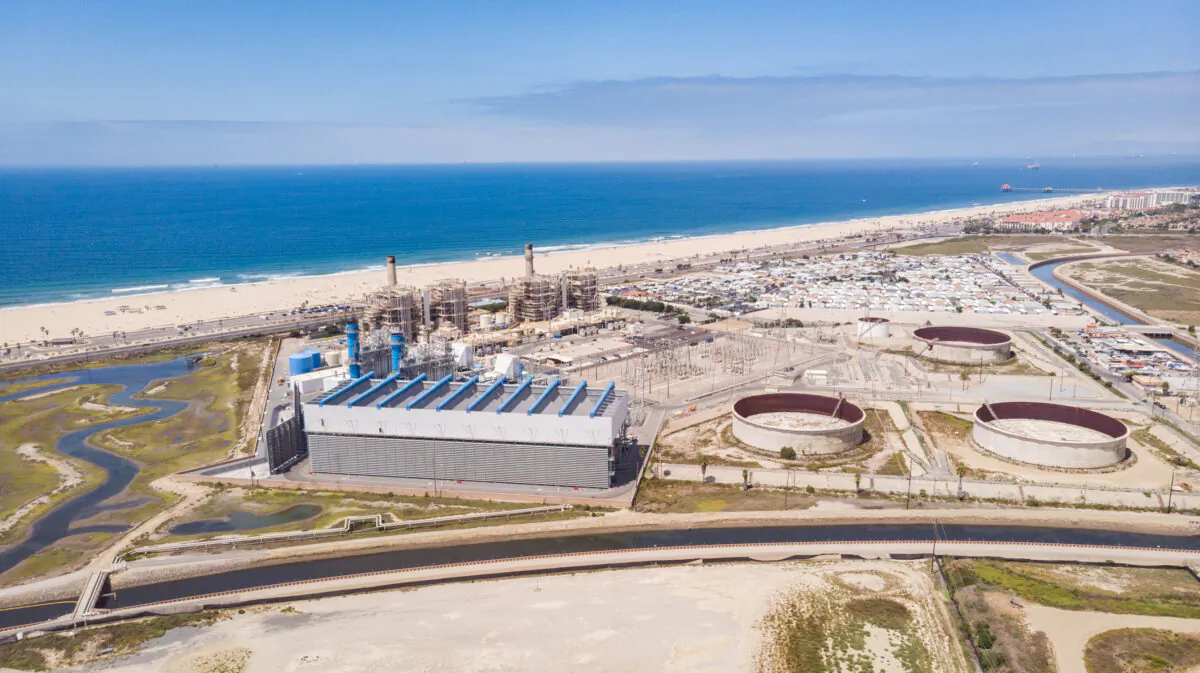 An aerial shot shows the power plant in Huntington Beach, Calif., on Aug. 6, 2020. (John Fredricks/The Epoch Times)