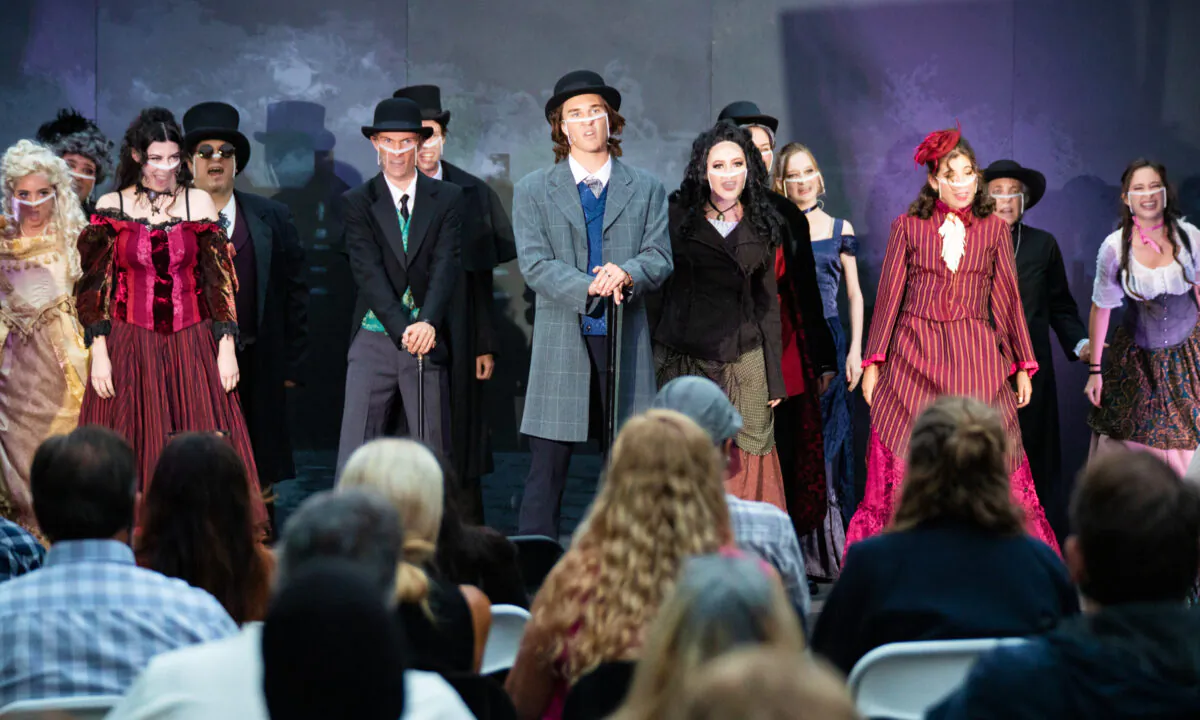 The Braver Players perform "Jekyll & Hyde" on a makeshift outdoor stage in Costa Mesa, Calif., on Aug. 5, 2020. (John Fredricks/The Epoch Times)
