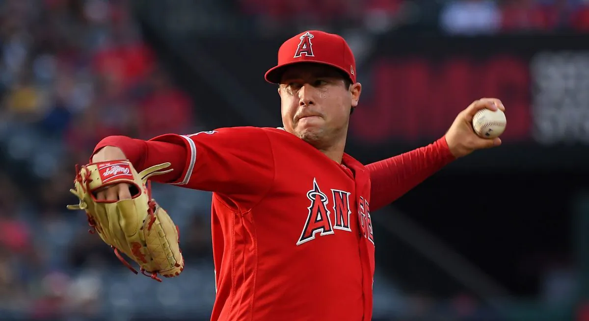 Tyler Skaggs, #45 of the Los Angeles Angels, pitches in the first inning of the game against the Oakland Athletics at Angel Stadium of Anaheim in Anaheim, Calif., on June 29, 2019. (Jayne Kamin-Oncea/Getty Images)