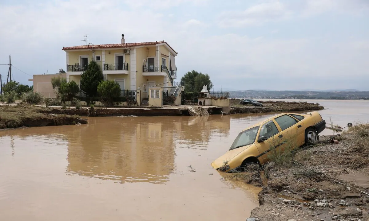 A view of a flooded area of the village of Bourtzi, following flash floods on the island of Evia, in Greece, on Aug. 9, 2020. (Sotiris Dimitropoulos/Eurokinissi via Reuters)