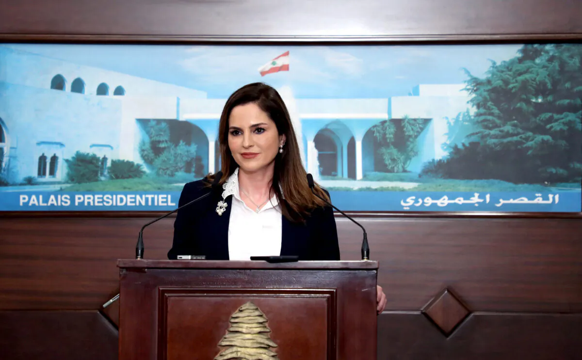 Lebanon's Information Minister Manal Abdel Samad attends a news conference at the presidential palace in Baabda, Lebanon, on Feb. 25, 2020. (Dalati Nohra/Handout via Reuters)