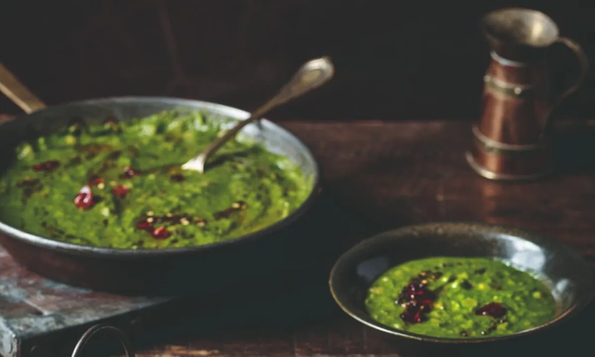 Spinach and toor dal, split yellow pigeon peas, are puréed with lively spices and fresh coconut for a dal at once comforting and refreshing. (Photo from book ""Chetna's Healthy Indian: Vegetarian")