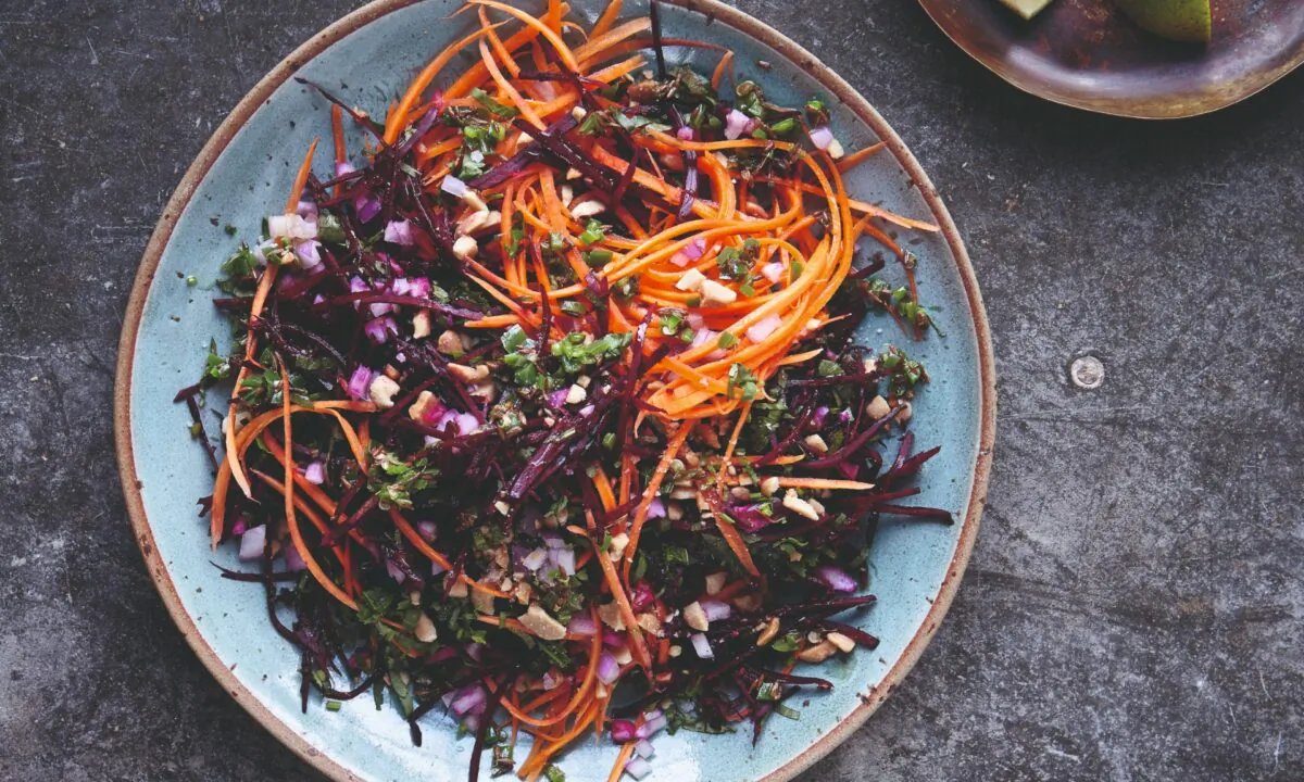 Roasted peanuts and cumin seeds add flavor and crunch to a base of earthy-sweet shredded beets and carrots. (Photo from book ""Chetna's Healthy Indian: Vegetarian")